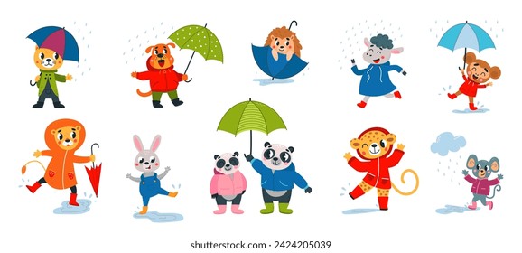 Animales divertidos en los días lluviosos. Lluvia estacional, impermeable animal y paraguas. Dibujo plano de personajes salvajes, panda, león, conjunto de vectores con clase de gato