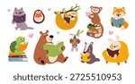 Funny animals read books. Cute fauna characters holding open books and studying, bear, sloth, turtle, literature lovers, education and knowledge mascot garish vector cartoon flat style isolated set