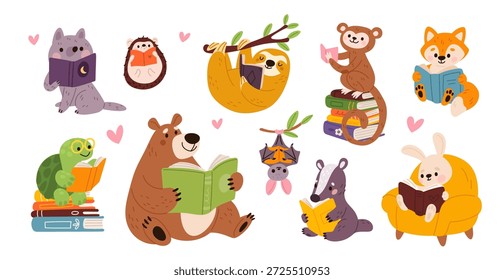 Lustige Tiere lesen Bücher. Nette Fauna Charaktere halten offene Bücher und Studium, Bär, Faultier, Schildkröte, Literatur Liebhaber, Bildung und Wissen Maskottchen garish Vektor Cartoon flachen Stil isoliert Set