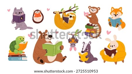 Funny animals read books. Cute fauna characters holding open books and studying, bear, sloth, turtle, literature lovers, education and knowledge mascot garish vector cartoon flat style isolated set