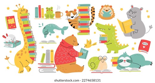 Funny animals read books flat icons set. Cute cartoon tiger, dolphin, crocodile, snail,bird reading interesting texts. Libraries for pets. Color isolated illustrations svg
