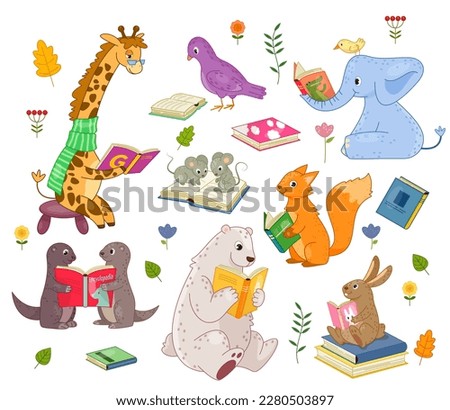Funny animals read books set. Giraffe, elephant, mice and colorful birds. Bear, hare and fox with textbooks. Knowledge and literature. Cartoon flat vector illustrations isolated on white background