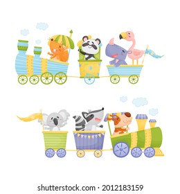 Funny Animals Riding Locomotive or Steam Train Enjoying Journey Vector Set