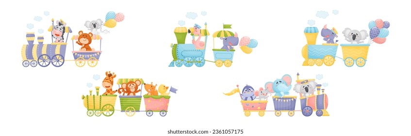 Funny Animals Riding Locomotive or Steam Train Enjoying Journey Vector Set