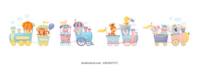 Funny Animals Riding Locomotive or Steam Train Enjoying Journey Vector Set