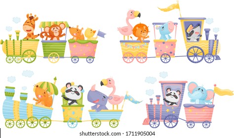Funny Animals Riding Locomotive and Waving Paws Vector Set