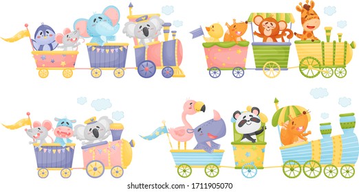 Funny Animals Riding Locomotive and Waving Paws Vector Set