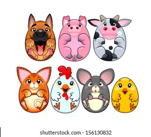 Funny animals rounded like eggs. Cartoon, vector and isolated characters.