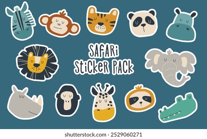 Funny animals safari sticker pack. Colorful illustrations of animals including lion, zebra, elephant, rhino and crocodile.