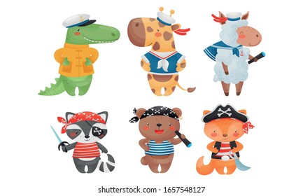 Funny Animals Sailors and Pirates Wearing Striped Vest and Bandana with Crossed Bones Vector Set