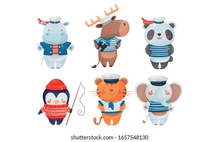 Funny Animals Sailors Wearing Striped Vest and Peakless Hat Vector Set
