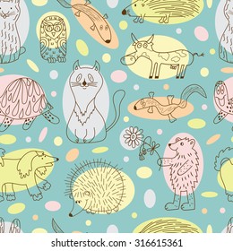 Funny Animals Seamless Pattern. Colorful Kids background.