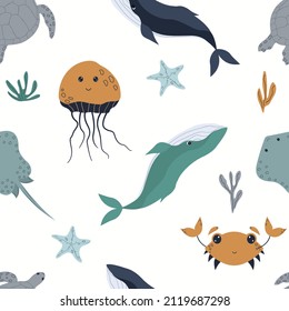 Funny animals seamless pattern. Cute children print with stingrays, whales, crab and turtle. Hand drawn ocean with marine life. Background for kids.