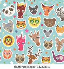 Funny Animals seamless pattern on light blue Polka dot background. lion, kangaroo, horse, bear, mouse, raccoon, deer, owl, jaguar, giraffe, unicorn, panda, elephant. Vector