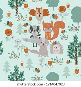 Funny animals seamless vector pattern with  wild animals in the forest. Perfect for cards, wallpaper invitations, party, banners, kindergarten, preschool and children room decoration