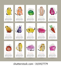 Funny animals, set of cards. Watercolor sketch for your design. Vector illustration