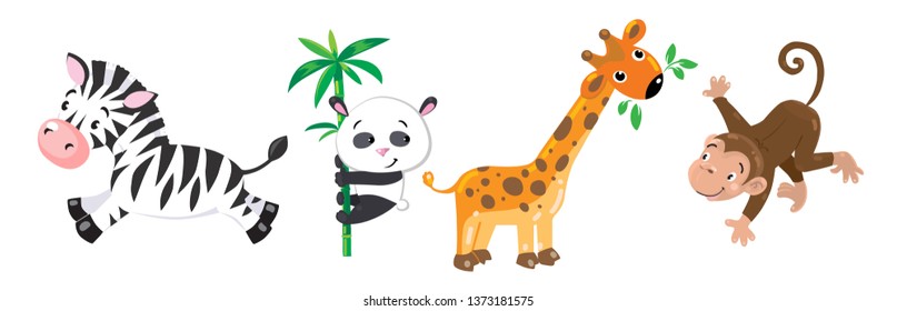 Funny animals set. Giraffe, panda monkey and zebra