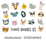 Funny animals set. Hand drawn cute faces of wild and farm animals. 