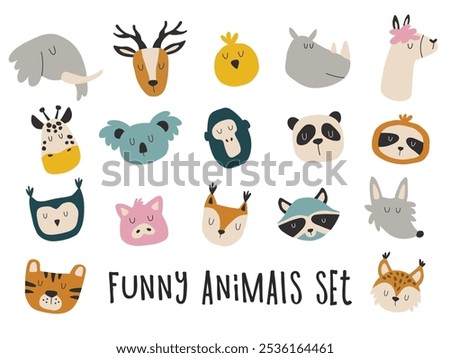 Funny animals set. Hand drawn cute faces of wild and farm animals. 