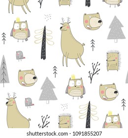 Funny animals set.  Happy friends. seamless pattern with bear, owl, deer