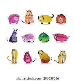 Funny animals set. Watercolor sketch for your design. Vector illustration