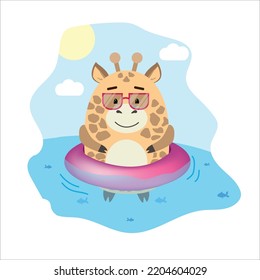animales divertidos codean la jirafa redonda en el mar en un círculo inflable ilustraciones de verano para niños impresión postal