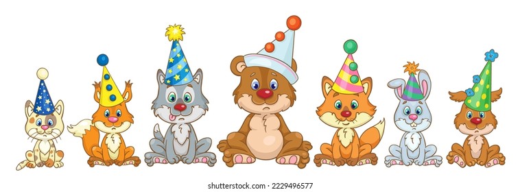 Funny animals sit in carnival hats. In cartoon style. Isolated on white background. Vector illustration