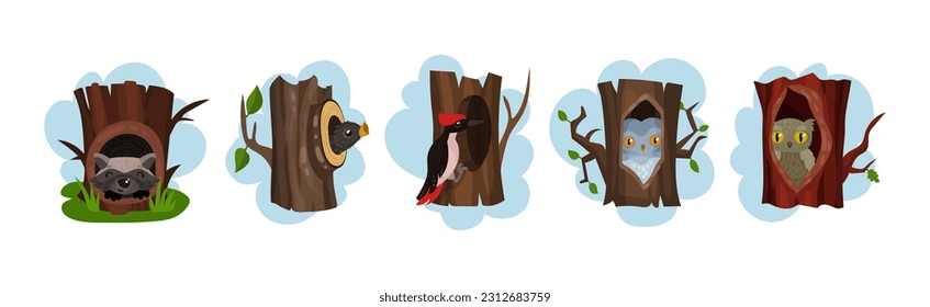 Funny Animals Sitting in Tree Hollow Vector Set