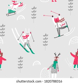 Funny animals skiing, sledding and ice skating mountain. Winter seamless pattern. Winter sports. Hand drawn pattern.