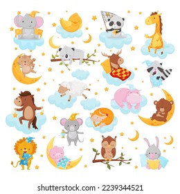 Funny Animals Sleeping on Soft Fluffy Cloud and Crescent Having Bedtime Vector Set