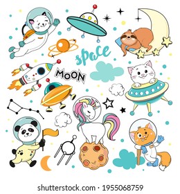 Funny animals in space. Cat, sloth, unicorn. Vector illustration for t-shirts isolated