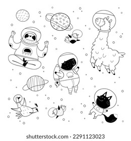 Funny animals in space: sloth, capybara, fox, lama. Doodle vector illustration.