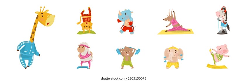 Funny Animals in Sportswear Doing Sport Activity Vector Set