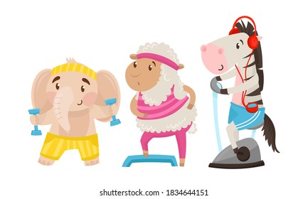 Funny Animals in Sportswear Lifting Dumbbells and Doing Physical Exercise Vector Set