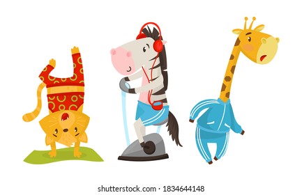 Funny Animals in Sportswear Running and Standing in Yoga Pose Vector Set