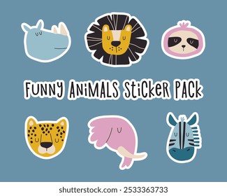 Funny animals sticker pack. Colorful stickers with faces of wild animals. Hand drawn African animals.