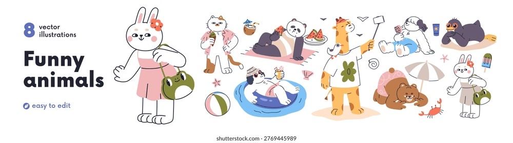 Funny animals at summer beach vacation. Set of cute bear, cat, giraffe, baby characters relaxing at tropical sea resort, swimming and sunbathing. Flat vector illustration isolated on white background