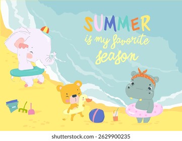Funny Animals sunbath swimming in the Sea on Sea Beach Shores. Vector Illustration