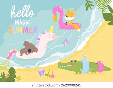Funny Animals sunbath swimming in the Sea on Sea Beach Shores. Vector Illustration