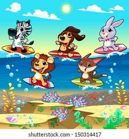 Funny animals surfing on the sea. Cartoon and vector illustration.