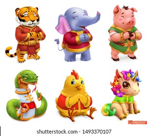 Funny animals. Tiger, elephant, pig, snake, chicken, unicorn. 3d vector icon set