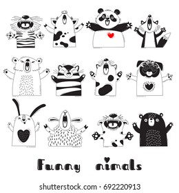 Funny Animals Tiger Pig Bear Fox Sheep Cat Pug Panda Rabbit for the design of childrens parties, rooms, stickers, posters, t-shirts. Vector illustration.