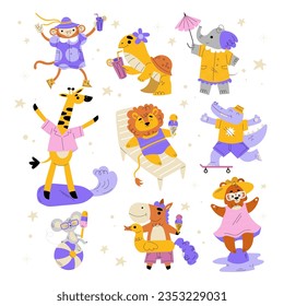 Funny Animals Tourist Enjoying Summer Beach Vacation Vector Set