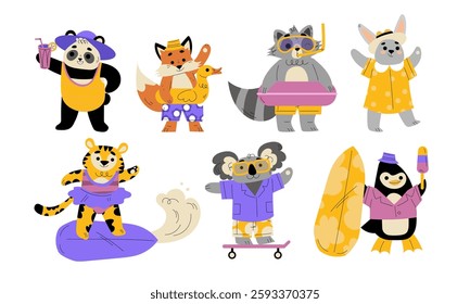 Funny Animals Tourist Enjoying Summer Beach Vacation Vector Set