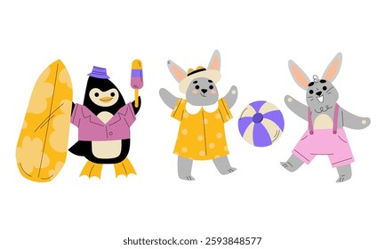Funny Animals Tourist Enjoying Summer Beach Vacation Vector Set
