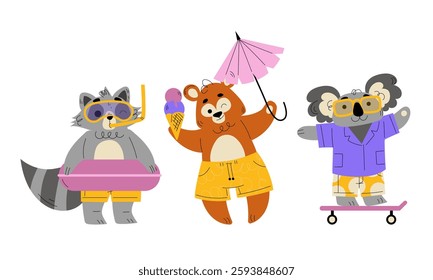 Funny Animals Tourist Enjoying Summer Beach Vacation Vector Set
