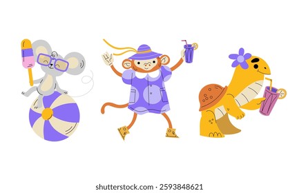 Funny Animals Tourist Enjoying Summer Beach Vacation Vector Set