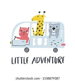 Funny animals travel by bus. Lettering little adventure.