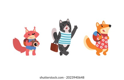Funny Animals Traveling on Vacation Set, Amusing Squirrel, Cat, Fox Having Summer Trip with Luggage Cartoon Vector Illustration