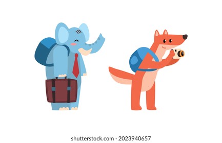 Funny Animals Traveling on Vacation Set, Amusing Elephant and Fox Having Summer Trip with Luggage Cartoon Vector Illustration